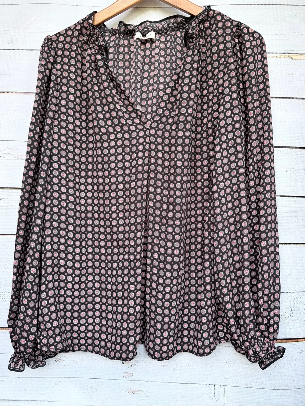 Max Studio Black Blouse with Pink Dot Print and V-Neck